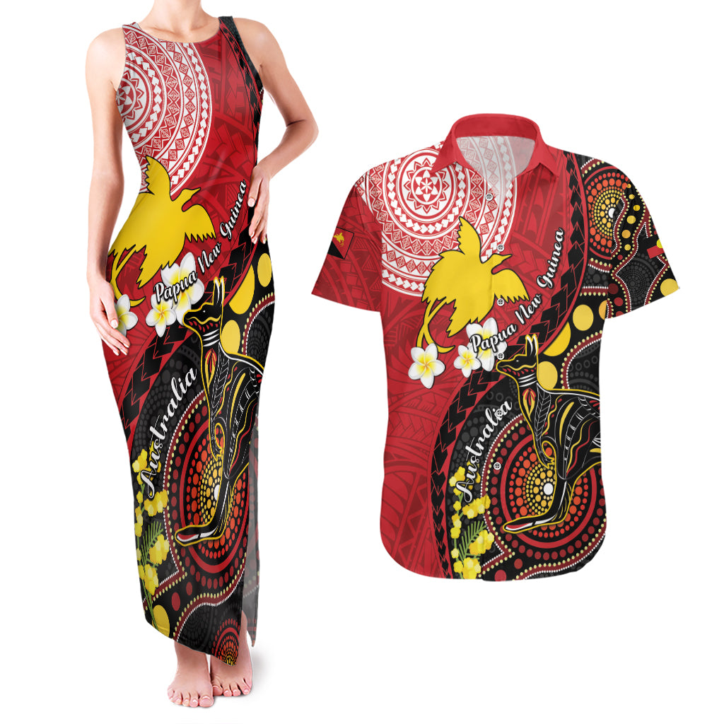Papua New Guinea And Australia Aboriginal Couples Matching Tank Maxi Dress and Hawaiian Shirt Bird Of Paradise And Kangaroo Together