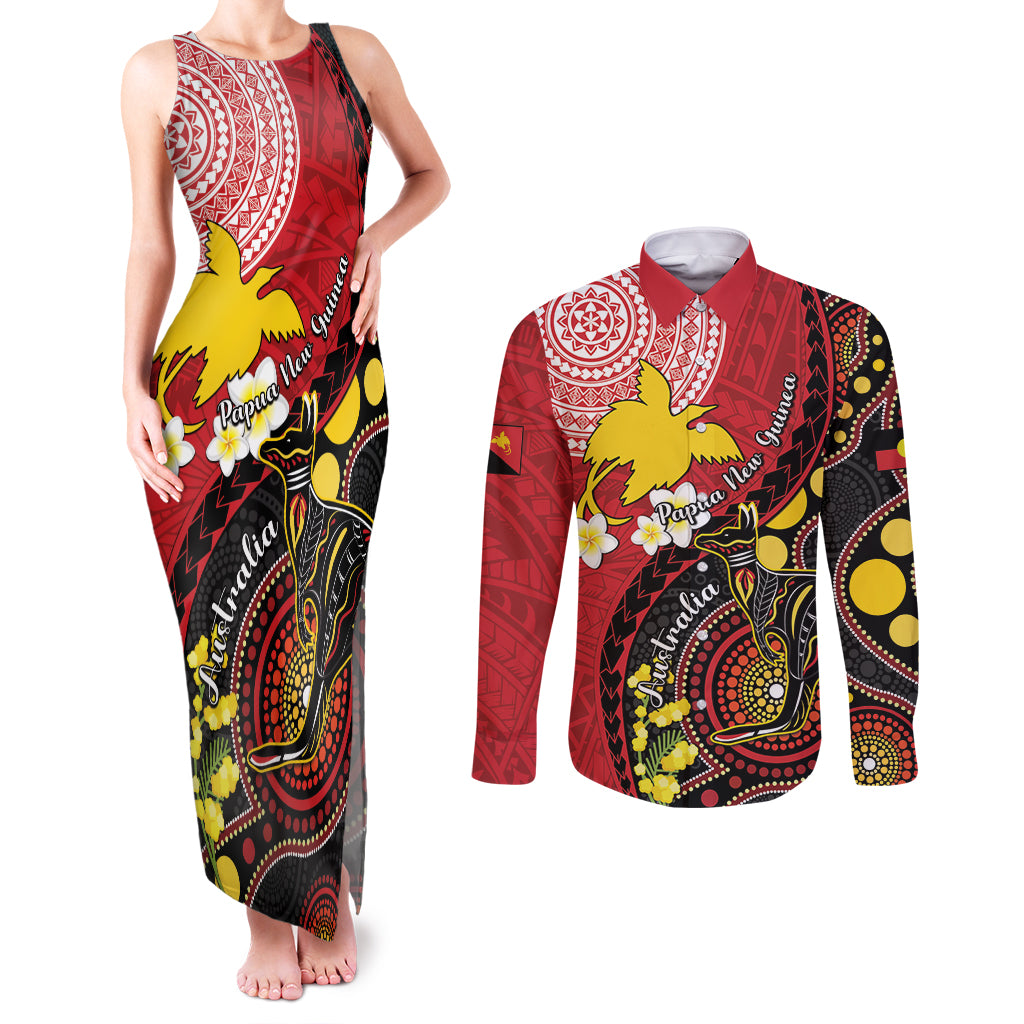 Papua New Guinea And Australia Aboriginal Couples Matching Tank Maxi Dress and Long Sleeve Button Shirt Bird Of Paradise And Kangaroo Together