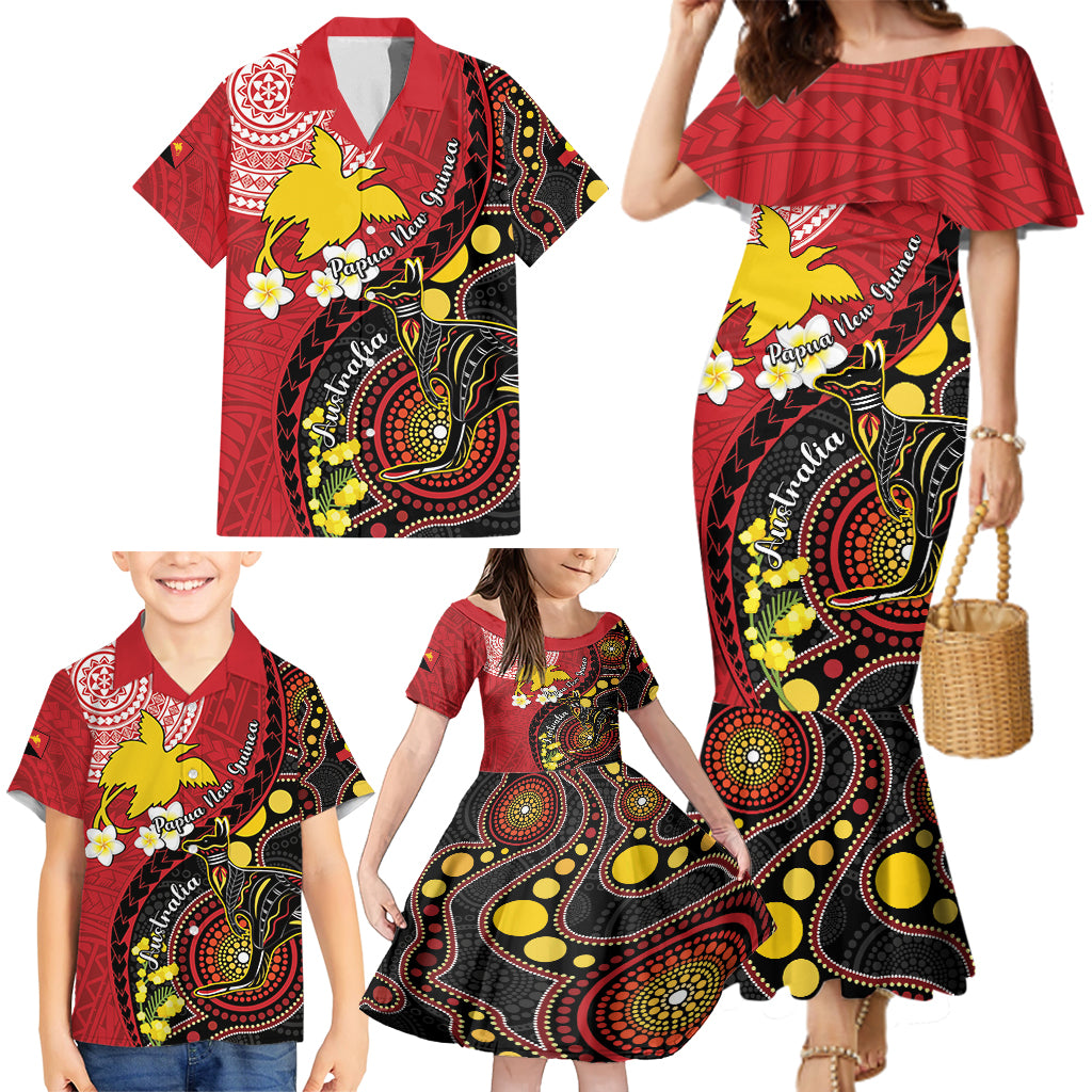 Papua New Guinea And Australia Aboriginal Family Matching Mermaid Dress and Hawaiian Shirt Bird Of Paradise And Kangaroo Together