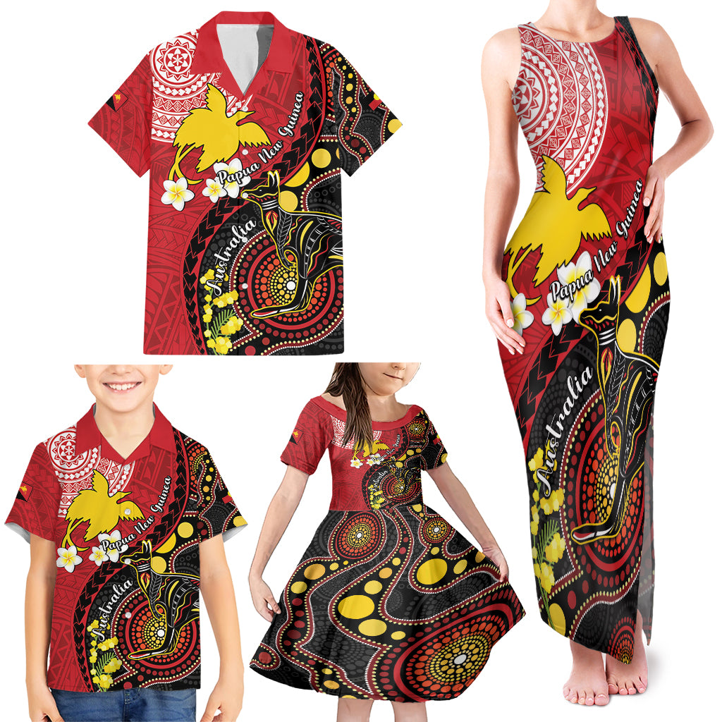Papua New Guinea And Australia Aboriginal Family Matching Tank Maxi Dress and Hawaiian Shirt Bird Of Paradise And Kangaroo Together