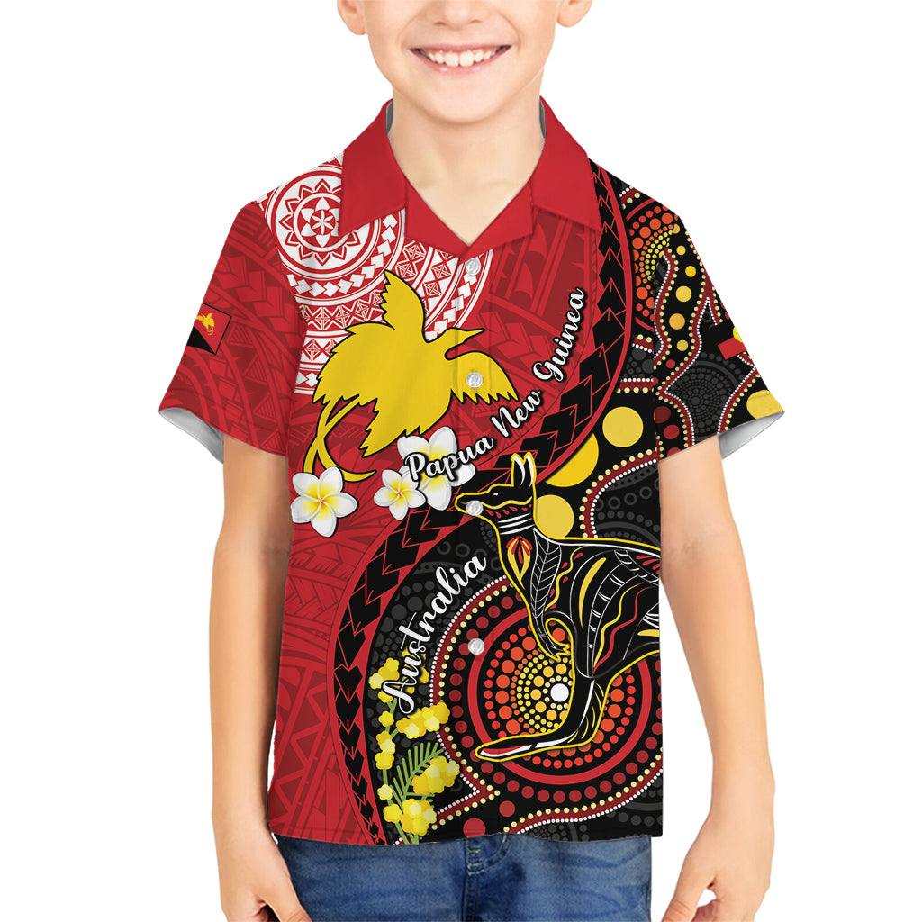 Papua New Guinea And Australia Aboriginal Family Matching Tank Maxi Dress and Hawaiian Shirt Bird Of Paradise And Kangaroo Together