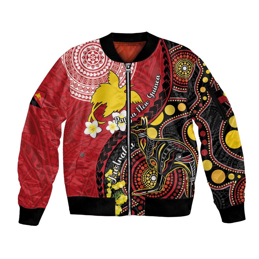 Papua New Guinea And Australia Aboriginal Sleeve Zip Bomber Jacket Bird Of Paradise And Kangaroo Together