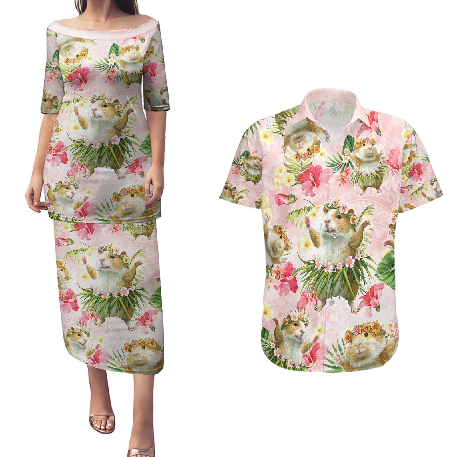 Hawaii Guinea Hula Pig Couples Matching Puletasi and Hawaiian Shirt Funny Tropical Style LT05 Pink - Polynesian Pride