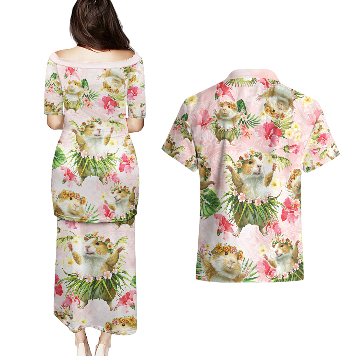 Hawaii Guinea Hula Pig Couples Matching Puletasi and Hawaiian Shirt Funny Tropical Style