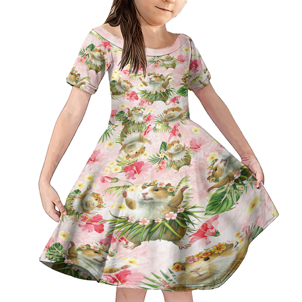 Hawaii Guinea Hula Pig Family Matching Long Sleeve Bodycon Dress and Hawaiian Shirt Funny Tropical Style LT05 Daughter's Dress Pink - Polynesian Pride