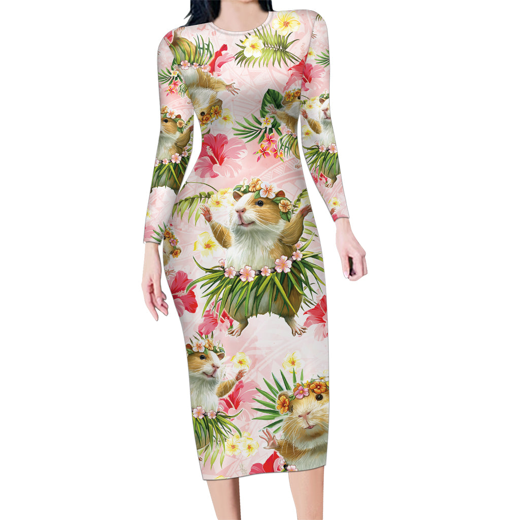 Hawaii Guinea Hula Pig Family Matching Long Sleeve Bodycon Dress and Hawaiian Shirt Funny Tropical Style LT05 Mom's Dress Pink - Polynesian Pride