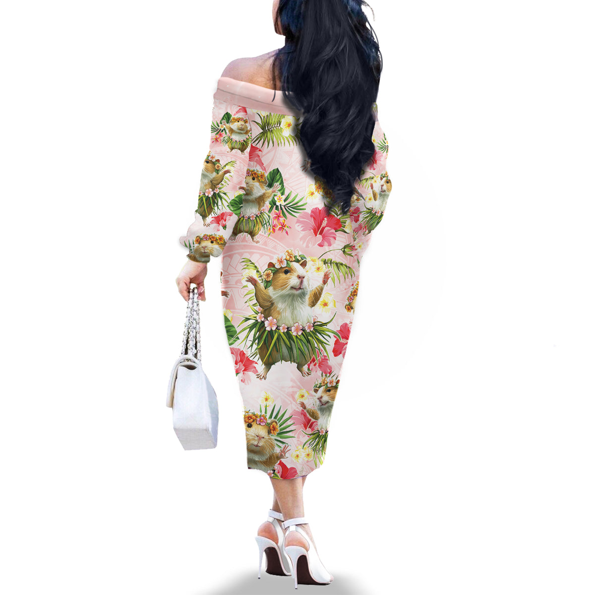 Hawaii Guinea Hula Pig Family Matching Off The Shoulder Long Sleeve Dress and Hawaiian Shirt Funny Tropical Style