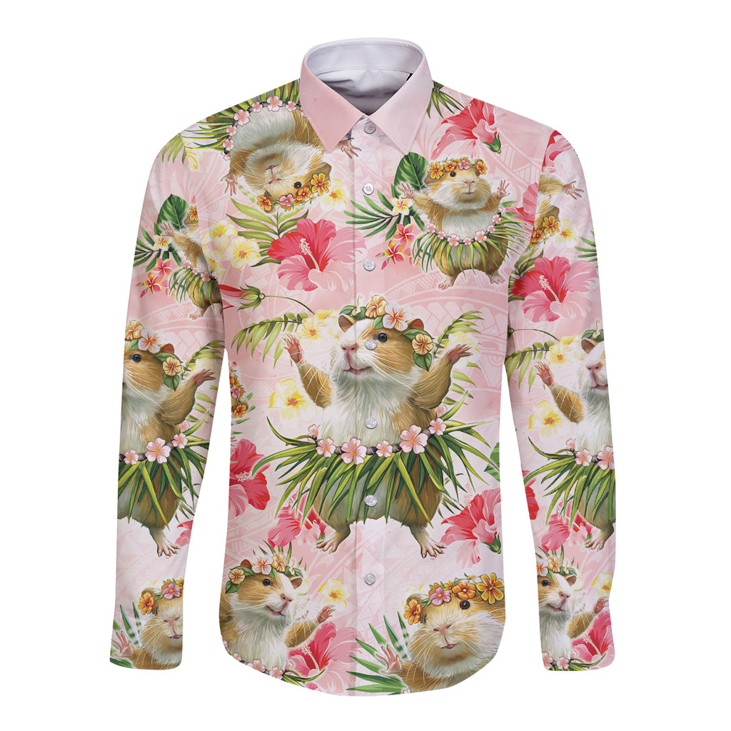 Hawaii Guinea Hula Pig Long Sleeve Button Shirt Funny Tropical Style LT05 Unisex Pink - Polynesian Pride