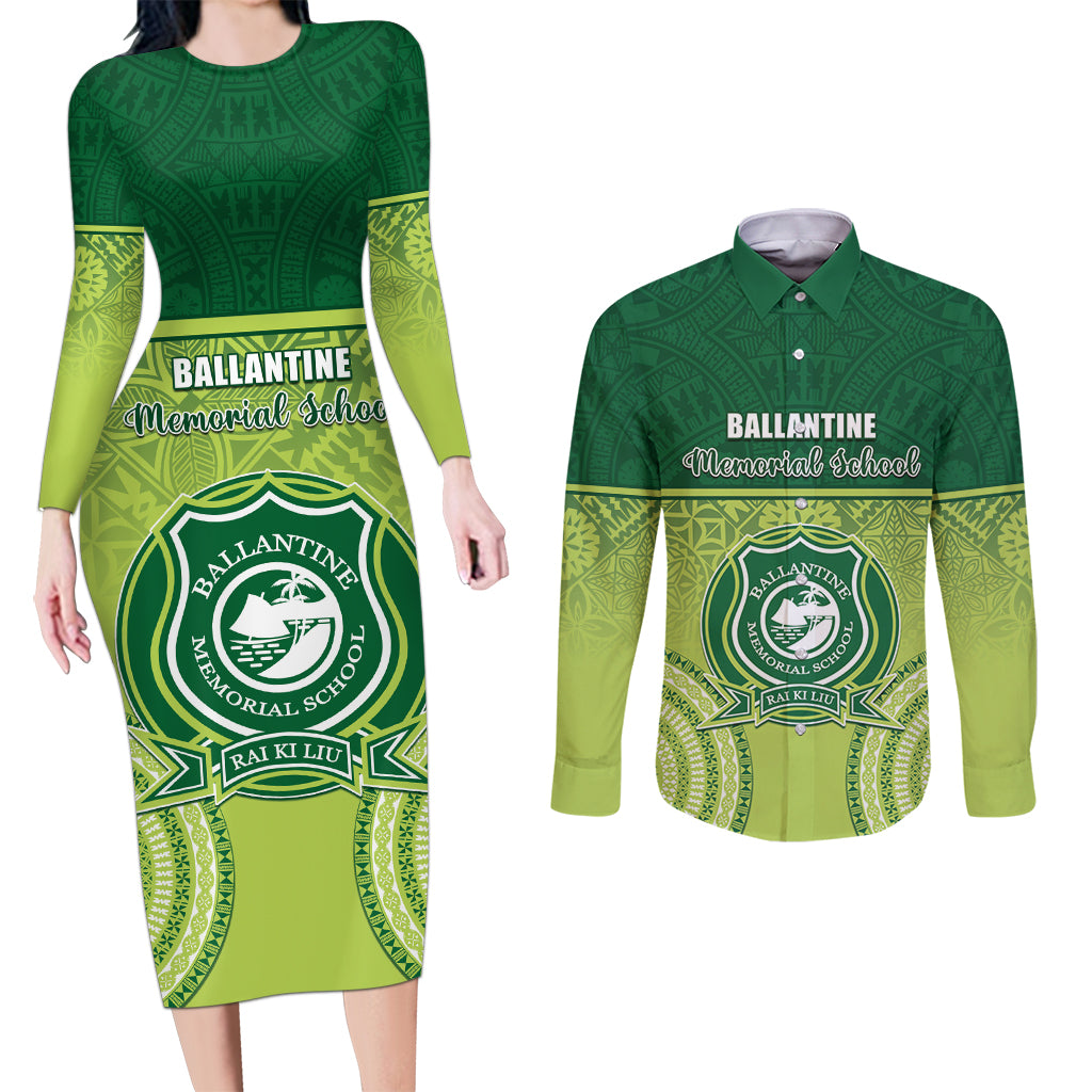 Personalised Ballantine Memorial School Couples Matching Long Sleeve Bodycon Dress and Long Sleeve Button Shirt With Fijian Tapa Pattern