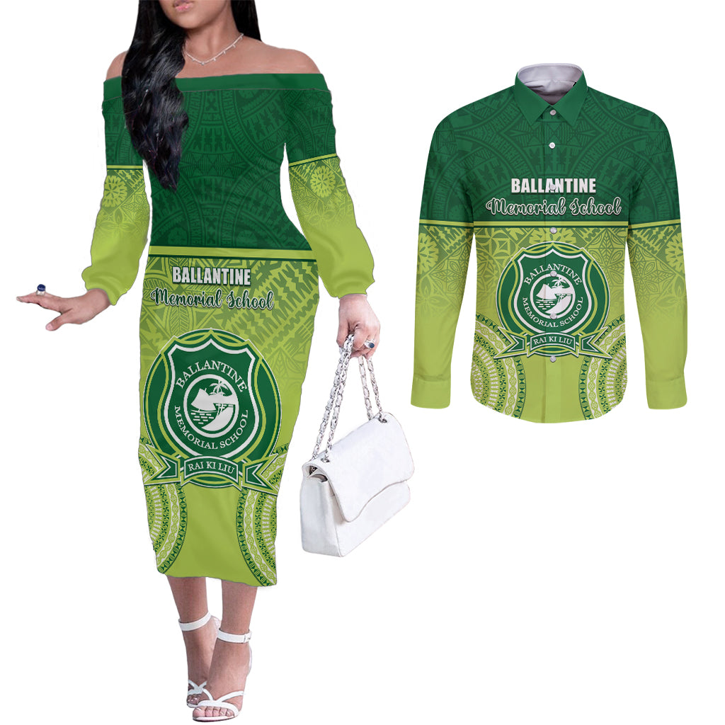 Personalised Ballantine Memorial School Couples Matching Off The Shoulder Long Sleeve Dress and Long Sleeve Button Shirt With Fijian Tapa Pattern