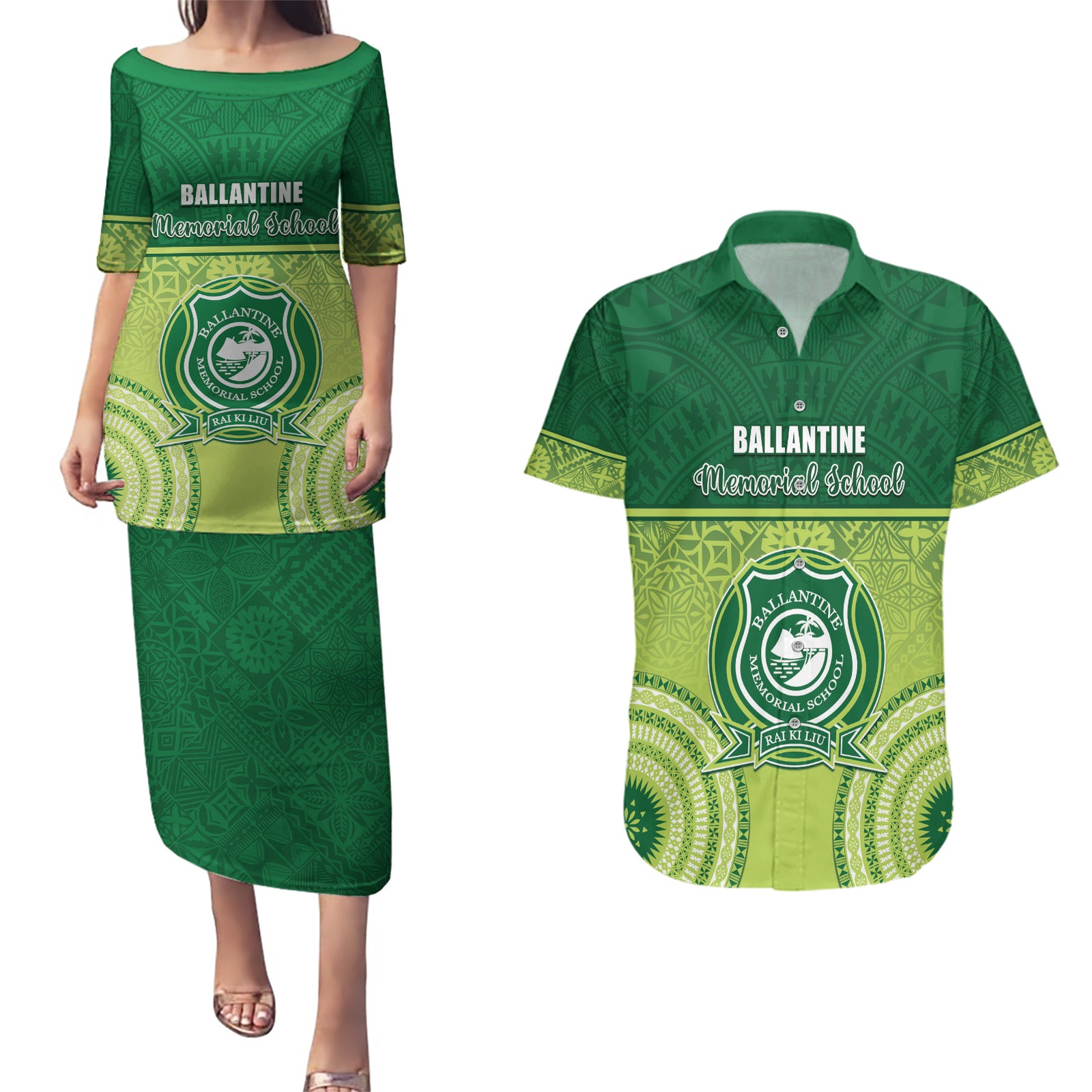 Personalised Ballantine Memorial School Couples Matching Puletasi and Hawaiian Shirt With Fijian Tapa Pattern
