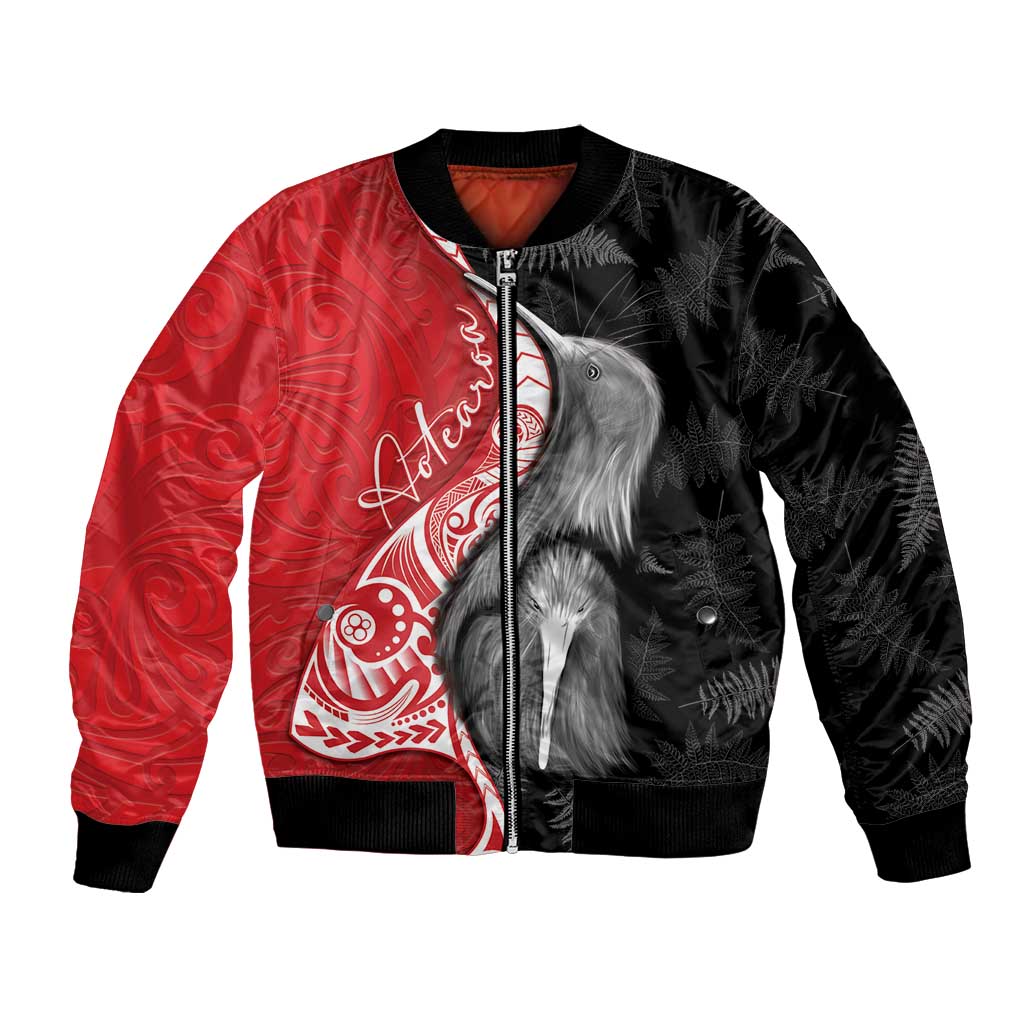 New Zealand Aotearoa Bomber Jacket Kiwi Fern Maori Pattern Red Version