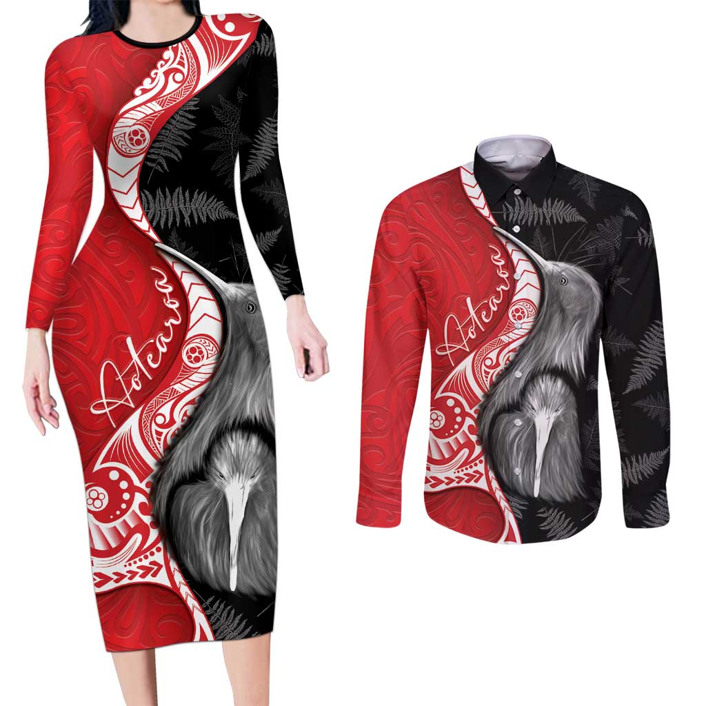 New Zealand Aotearoa Couples Matching Long Sleeve Bodycon Dress and Long Sleeve Button Shirt Kiwi Fern Maori Pattern Red Version