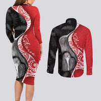 New Zealand Aotearoa Couples Matching Long Sleeve Bodycon Dress and Long Sleeve Button Shirt Kiwi Fern Maori Pattern Red Version