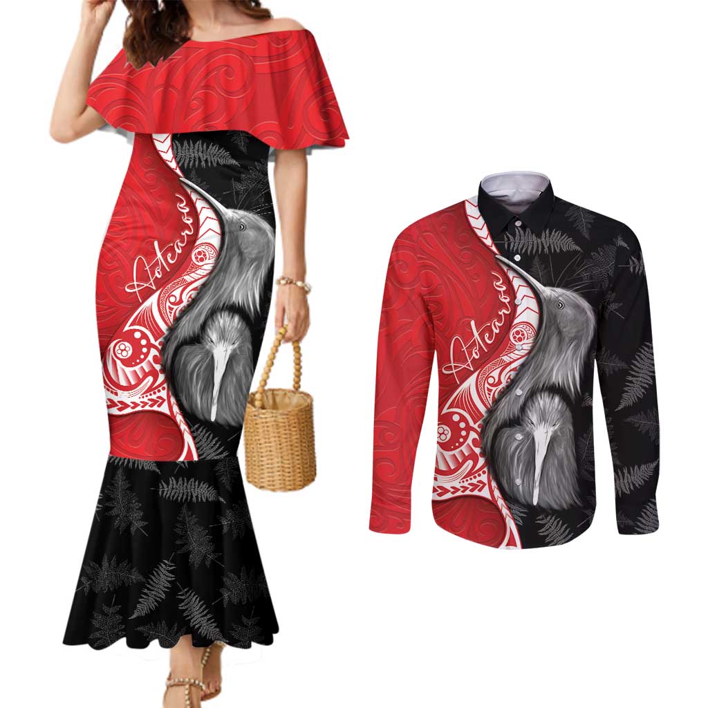 New Zealand Aotearoa Couples Matching Mermaid Dress and Long Sleeve Button Shirt Kiwi Fern Maori Pattern Red Version