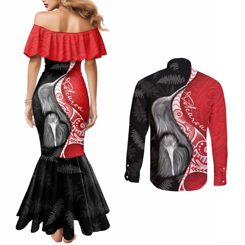 New Zealand Aotearoa Couples Matching Mermaid Dress and Long Sleeve Button Shirt Kiwi Fern Maori Pattern Red Version