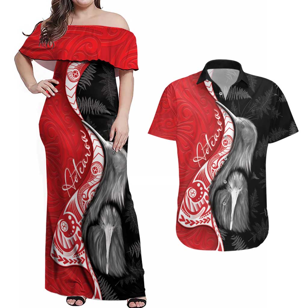 New Zealand Aotearoa Couples Matching Off Shoulder Maxi Dress and Hawaiian Shirt Kiwi Fern Maori Pattern Red Version
