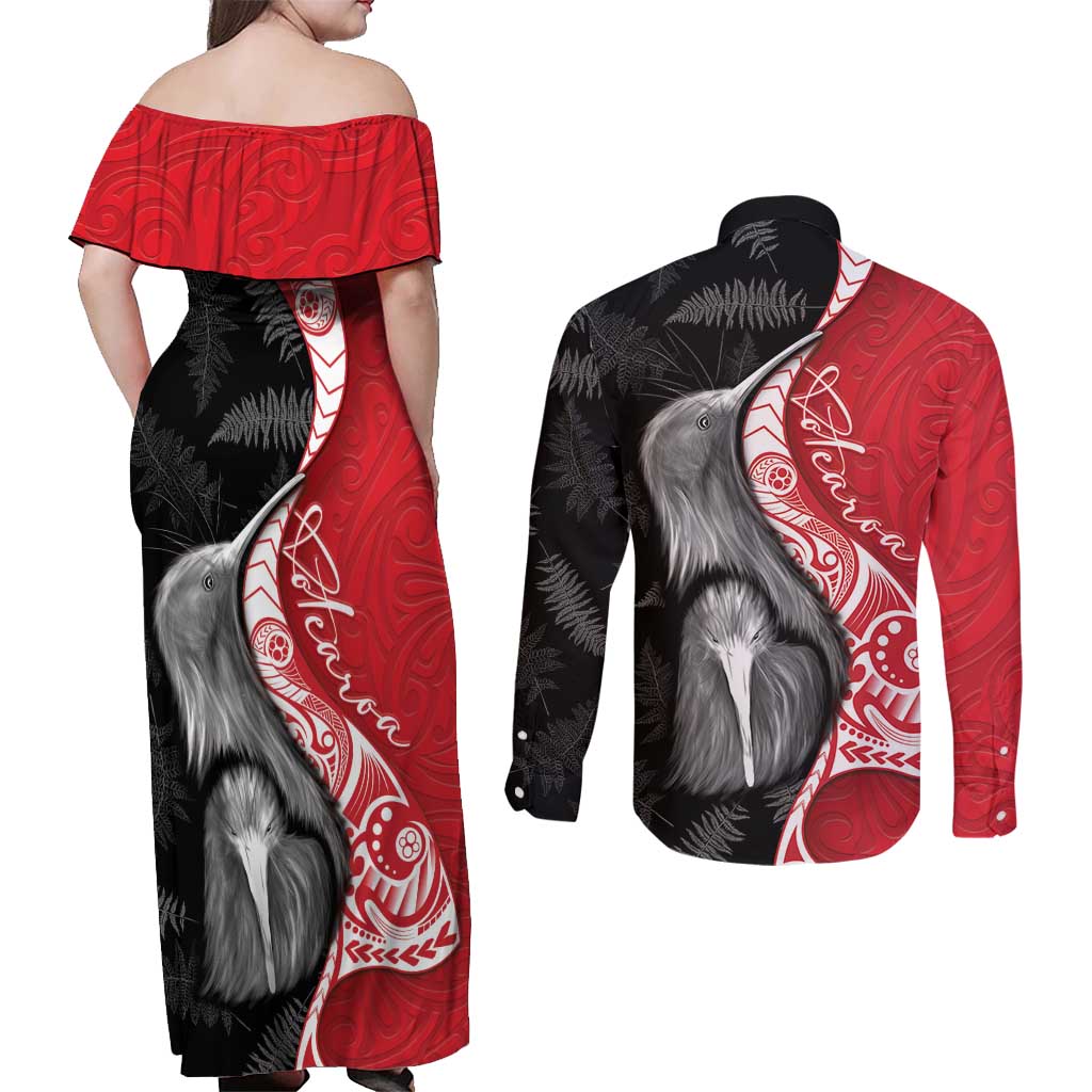 New Zealand Aotearoa Couples Matching Off Shoulder Maxi Dress and Long Sleeve Button Shirt Kiwi Fern Maori Pattern Red Version