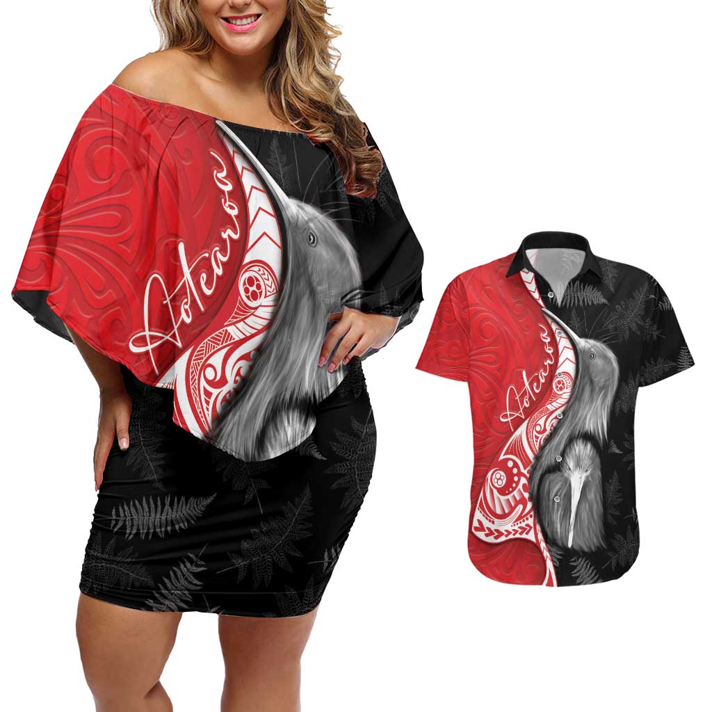 New Zealand Aotearoa Couples Matching Off Shoulder Short Dress and Hawaiian Shirt Kiwi Fern Maori Pattern Red Version