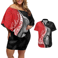 New Zealand Aotearoa Couples Matching Off Shoulder Short Dress and Hawaiian Shirt Kiwi Fern Maori Pattern Red Version