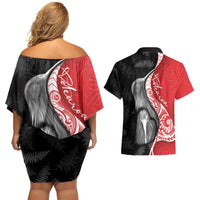 New Zealand Aotearoa Couples Matching Off Shoulder Short Dress and Hawaiian Shirt Kiwi Fern Maori Pattern Red Version