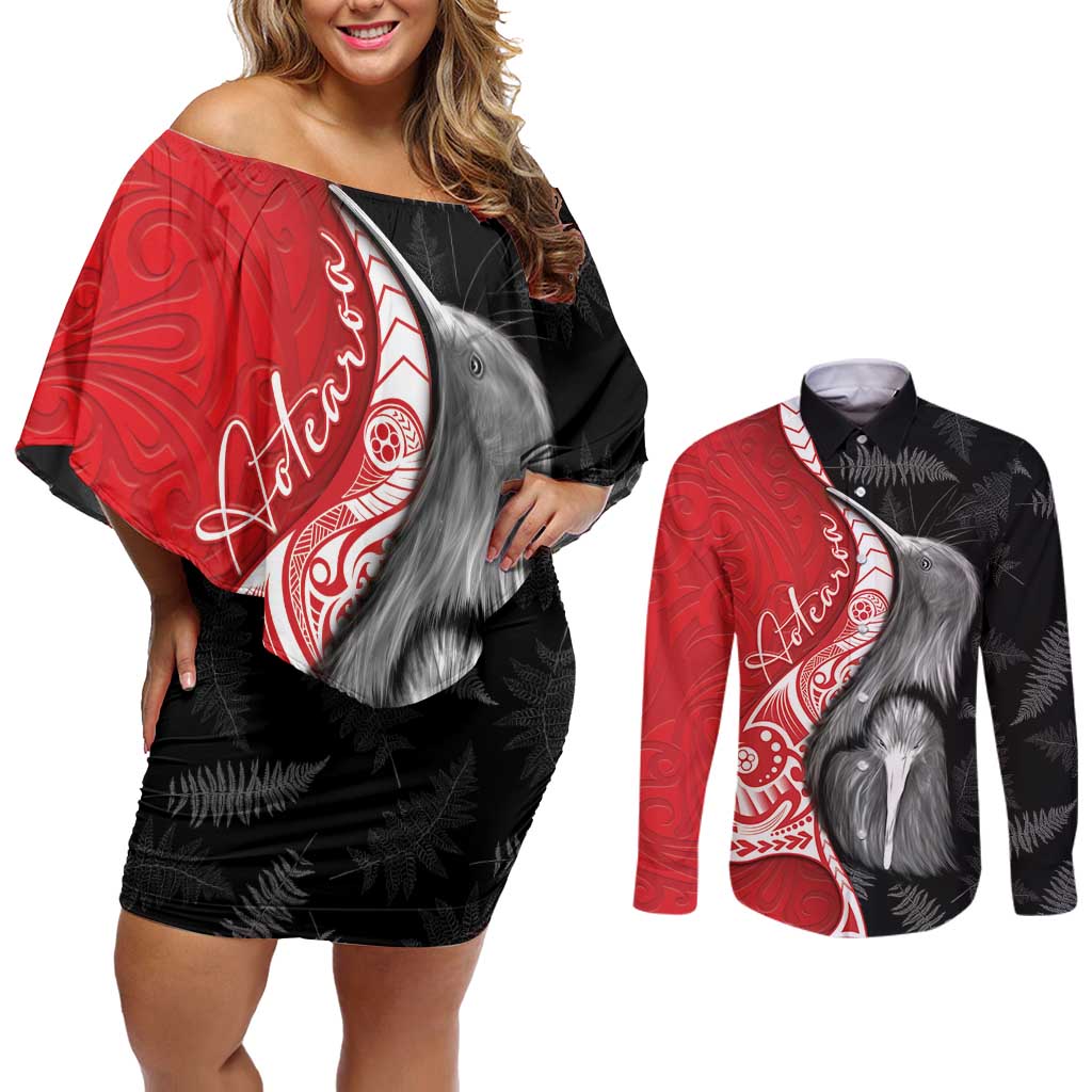 New Zealand Aotearoa Couples Matching Off Shoulder Short Dress and Long Sleeve Button Shirt Kiwi Fern Maori Pattern Red Version