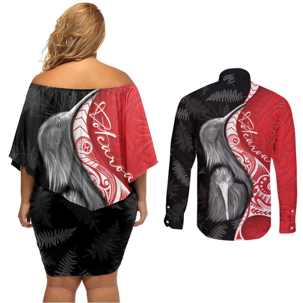 New Zealand Aotearoa Couples Matching Off Shoulder Short Dress and Long Sleeve Button Shirt Kiwi Fern Maori Pattern Red Version