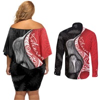 New Zealand Aotearoa Couples Matching Off Shoulder Short Dress and Long Sleeve Button Shirt Kiwi Fern Maori Pattern Red Version