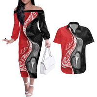 New Zealand Aotearoa Couples Matching Off The Shoulder Long Sleeve Dress and Hawaiian Shirt Kiwi Fern Maori Pattern Red Version