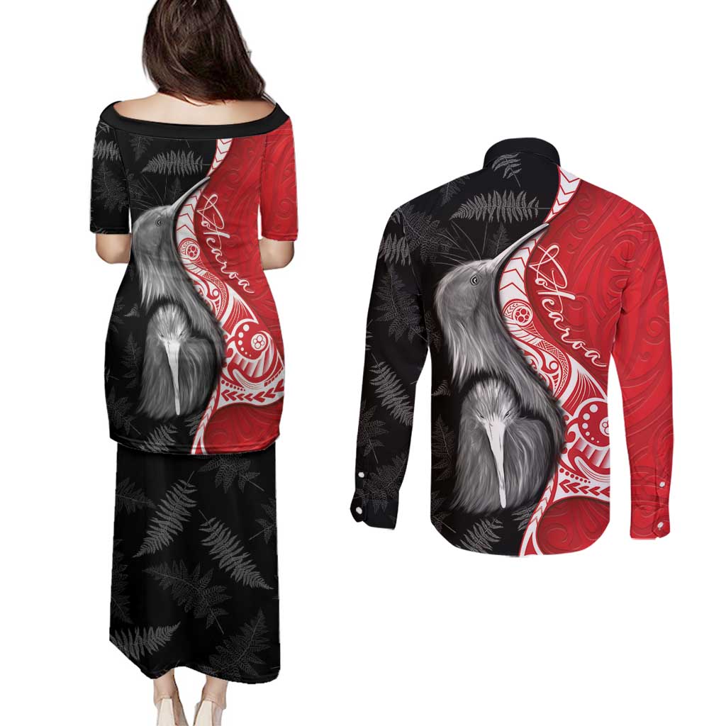 New Zealand Aotearoa Couples Matching Puletasi and Long Sleeve Button Shirt Kiwi Fern Maori Pattern Red Version