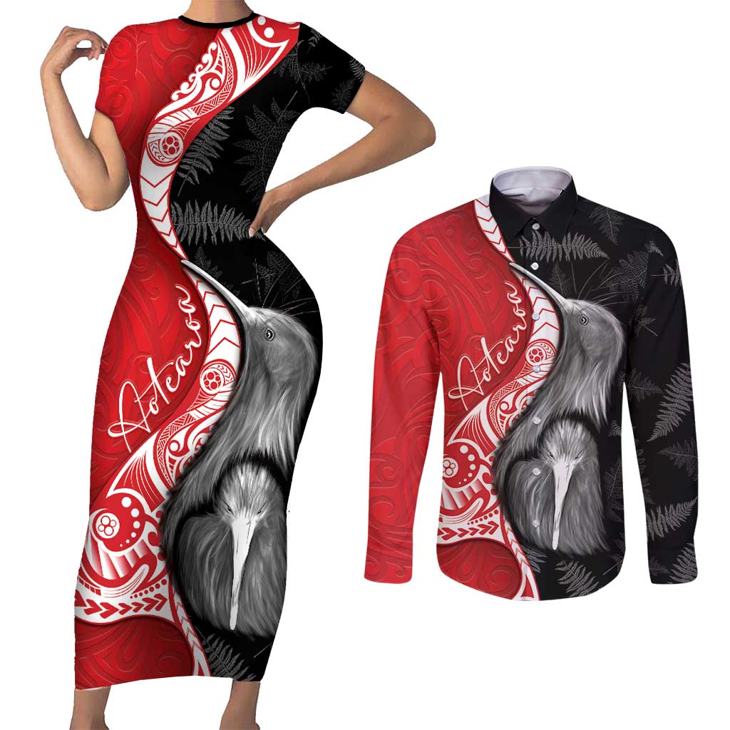 New Zealand Aotearoa Couples Matching Short Sleeve Bodycon Dress and Long Sleeve Button Shirt Kiwi Fern Maori Pattern Red Version