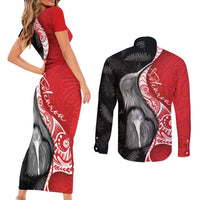 New Zealand Aotearoa Couples Matching Short Sleeve Bodycon Dress and Long Sleeve Button Shirt Kiwi Fern Maori Pattern Red Version