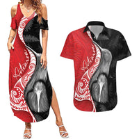 New Zealand Aotearoa Couples Matching Summer Maxi Dress and Hawaiian Shirt Kiwi Fern Maori Pattern Red Version
