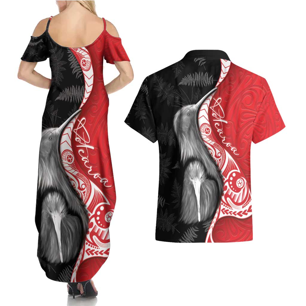 New Zealand Aotearoa Couples Matching Summer Maxi Dress and Hawaiian Shirt Kiwi Fern Maori Pattern Red Version