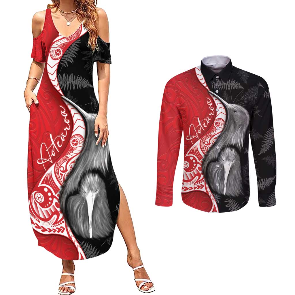 New Zealand Aotearoa Couples Matching Summer Maxi Dress and Long Sleeve Button Shirt Kiwi Fern Maori Pattern Red Version