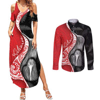 New Zealand Aotearoa Couples Matching Summer Maxi Dress and Long Sleeve Button Shirt Kiwi Fern Maori Pattern Red Version