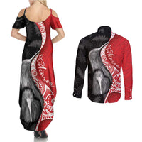 New Zealand Aotearoa Couples Matching Summer Maxi Dress and Long Sleeve Button Shirt Kiwi Fern Maori Pattern Red Version