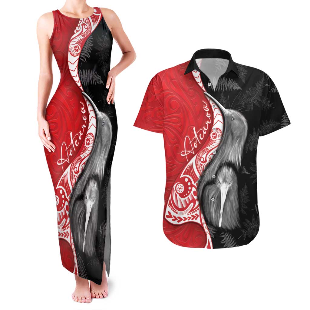 New Zealand Aotearoa Couples Matching Tank Maxi Dress and Hawaiian Shirt Kiwi Fern Maori Pattern Red Version