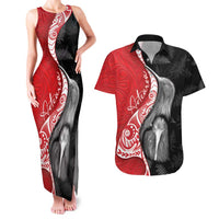 New Zealand Aotearoa Couples Matching Tank Maxi Dress and Hawaiian Shirt Kiwi Fern Maori Pattern Red Version