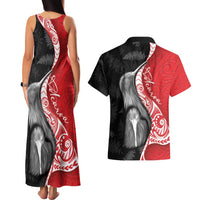 New Zealand Aotearoa Couples Matching Tank Maxi Dress and Hawaiian Shirt Kiwi Fern Maori Pattern Red Version
