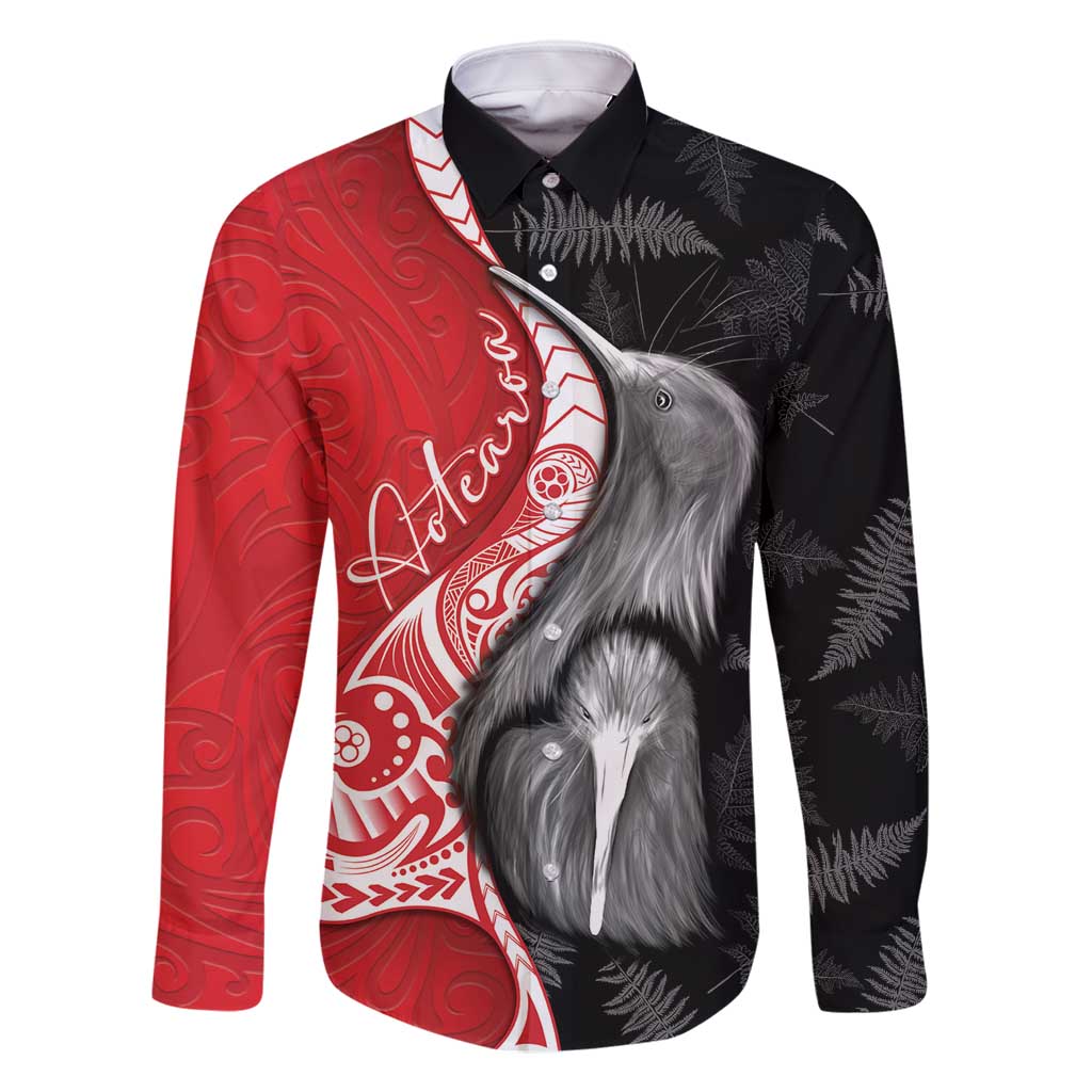 New Zealand Aotearoa Family Matching Long Sleeve Bodycon Dress and Hawaiian Shirt Kiwi Fern Maori Pattern Red Version
