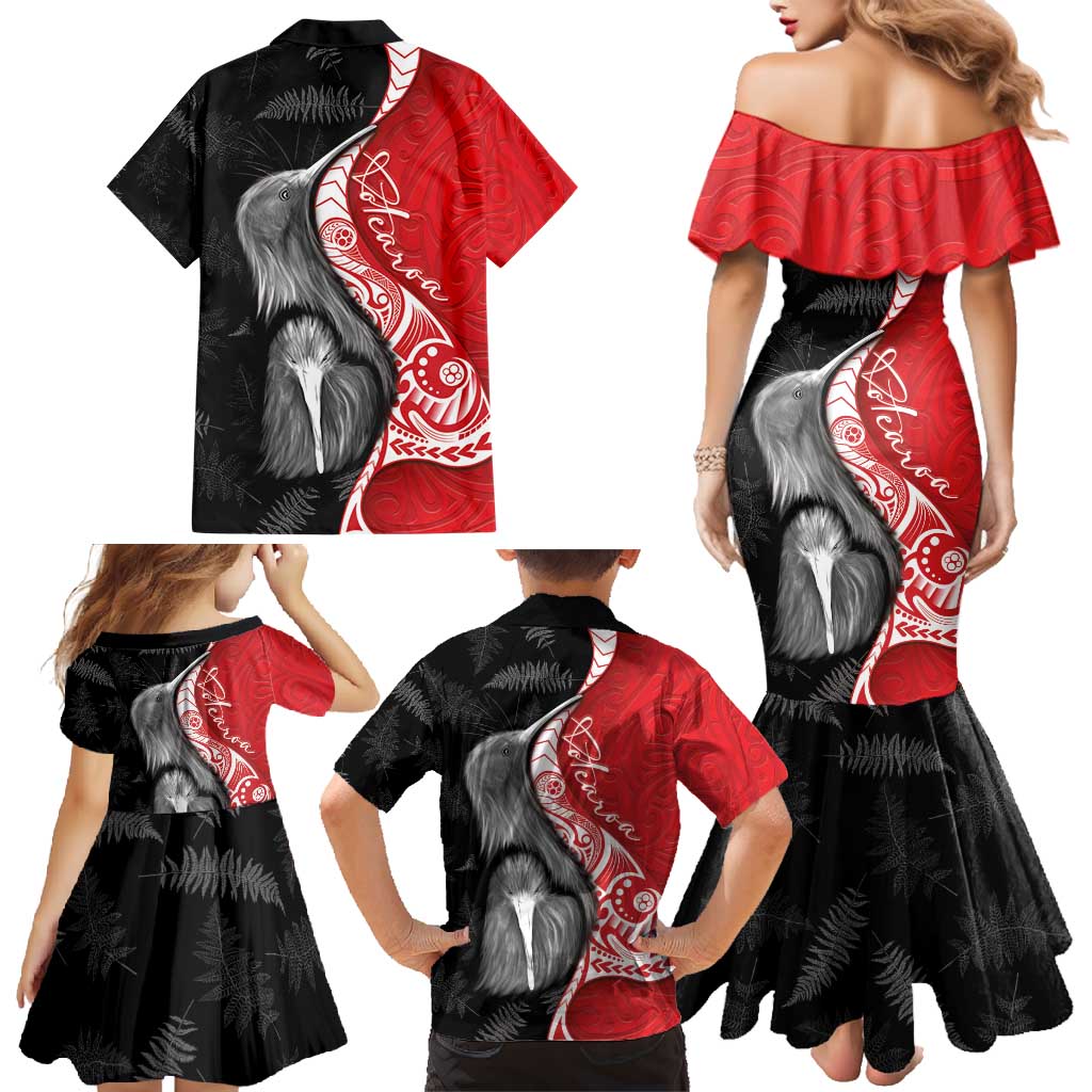 New Zealand Aotearoa Family Matching Mermaid Dress and Hawaiian Shirt Kiwi Fern Maori Pattern Red Version