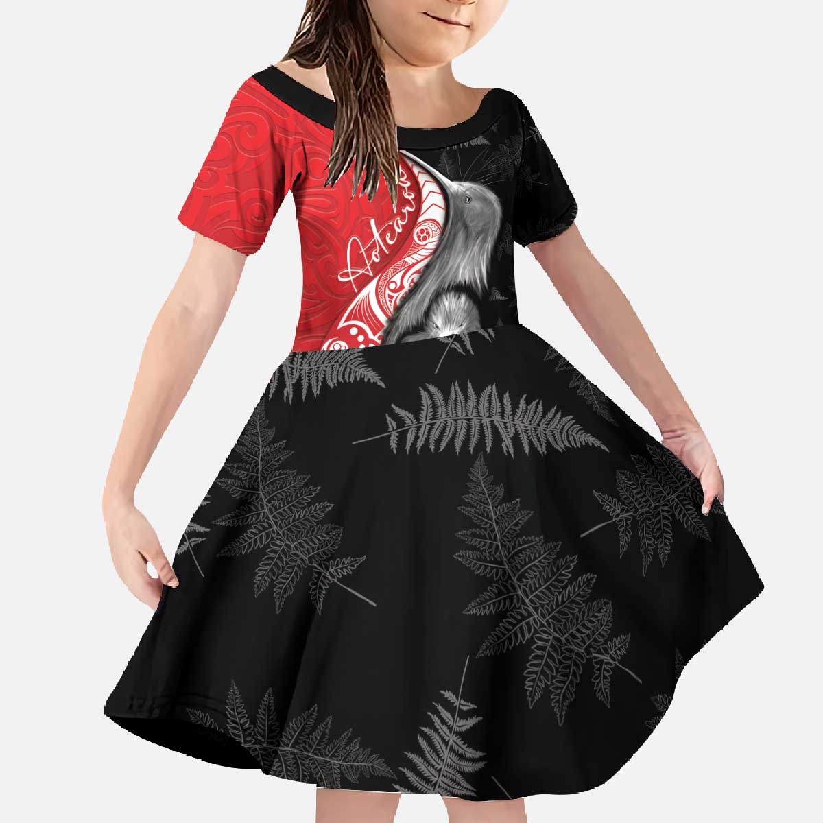 New Zealand Aotearoa Family Matching Off The Shoulder Long Sleeve Dress and Hawaiian Shirt Kiwi Fern Maori Pattern Red Version
