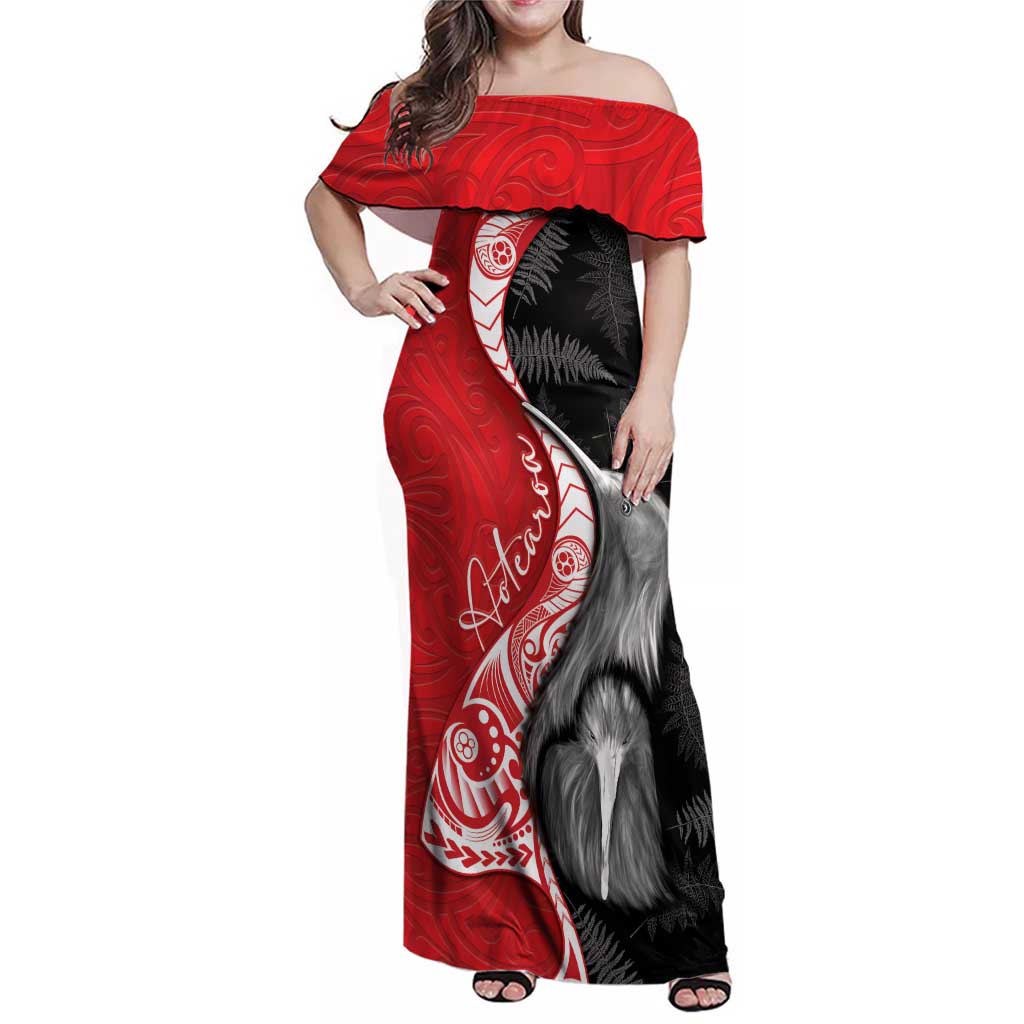 New Zealand Aotearoa Family Matching Off Shoulder Maxi Dress and Hawaiian Shirt Kiwi Fern Maori Pattern Red Version