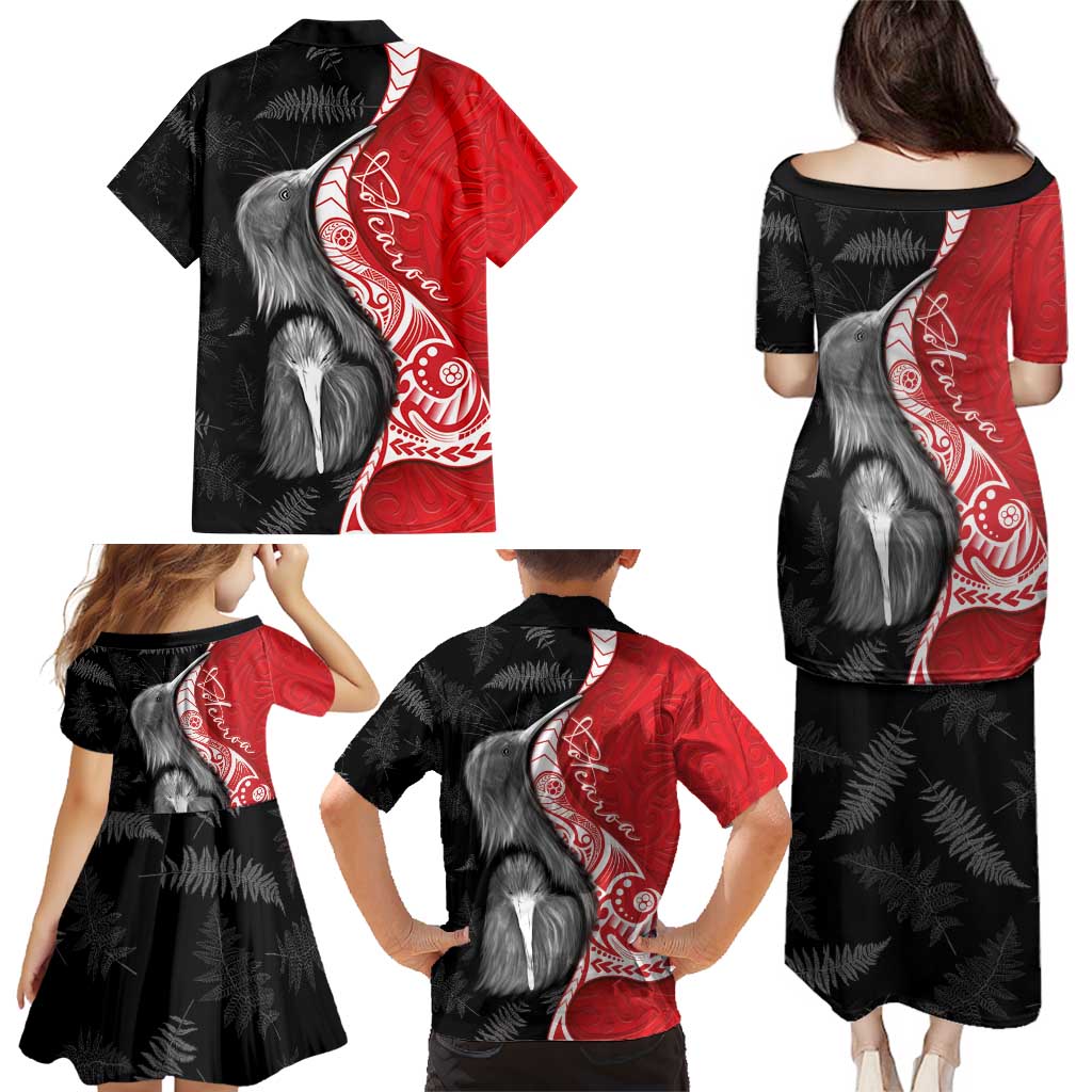 New Zealand Aotearoa Family Matching Puletasi and Hawaiian Shirt Kiwi Fern Maori Pattern Red Version