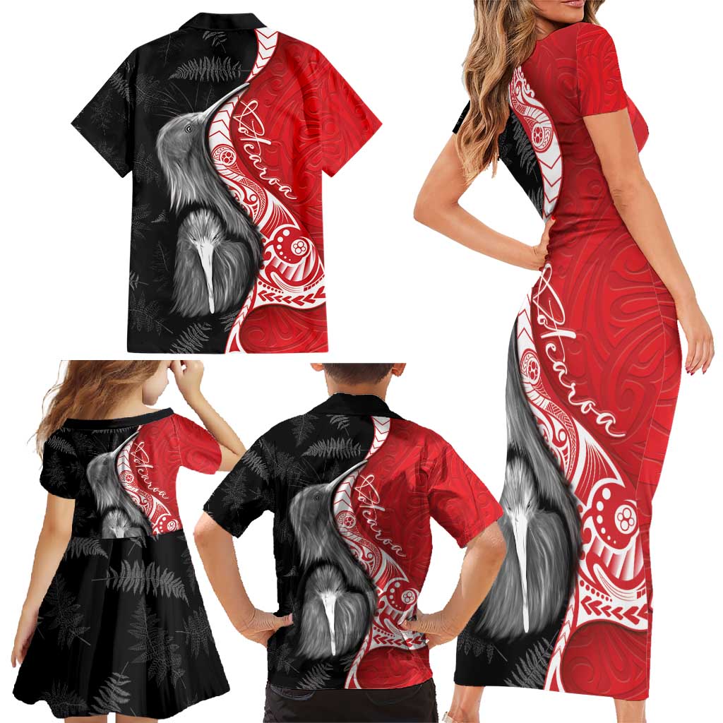 New Zealand Aotearoa Family Matching Short Sleeve Bodycon Dress and Hawaiian Shirt Kiwi Fern Maori Pattern Red Version