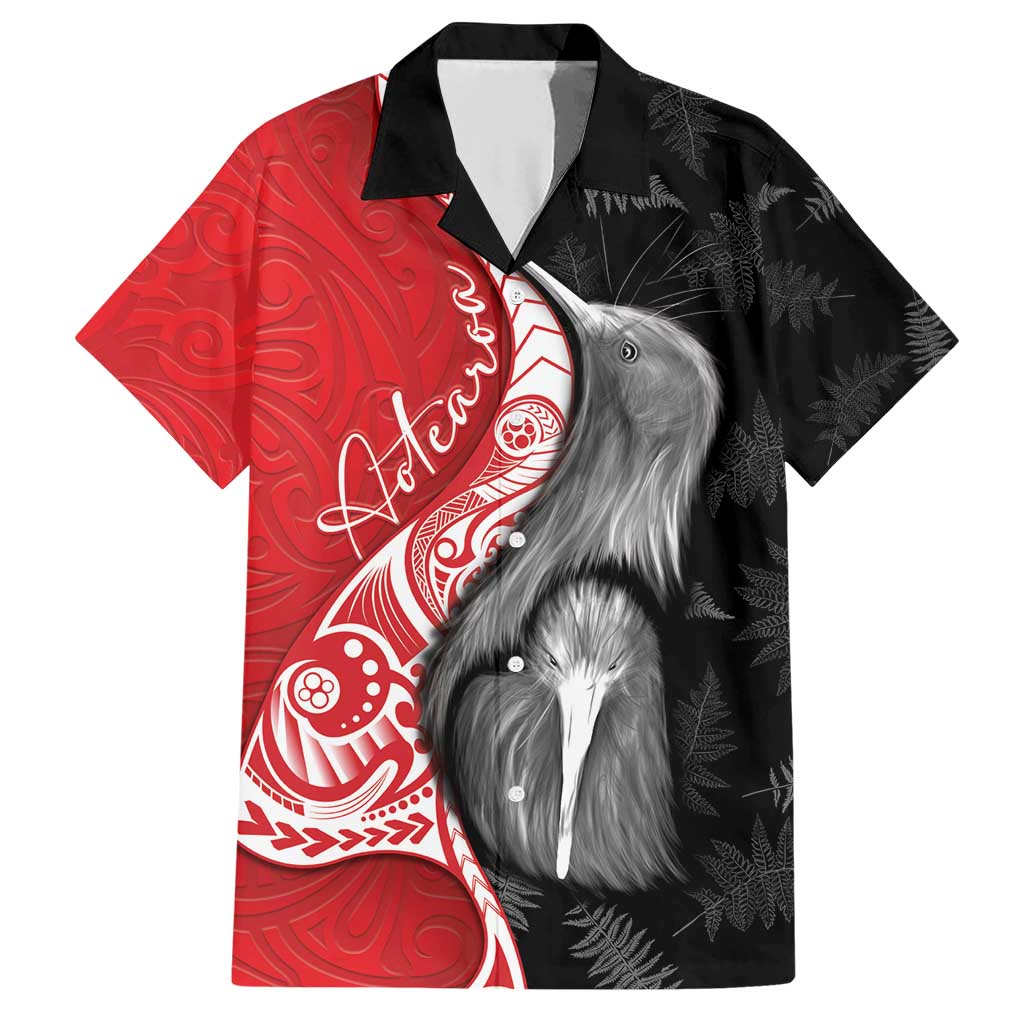 New Zealand Aotearoa Family Matching Short Sleeve Bodycon Dress and Hawaiian Shirt Kiwi Fern Maori Pattern Red Version
