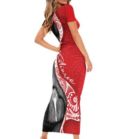 New Zealand Aotearoa Family Matching Short Sleeve Bodycon Dress and Hawaiian Shirt Kiwi Fern Maori Pattern Red Version