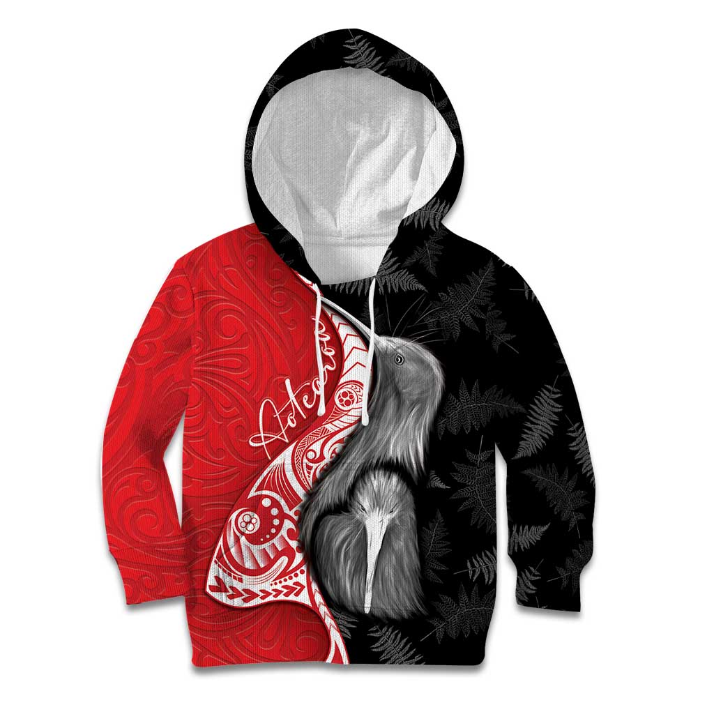 New Zealand Aotearoa Kid Hoodie Kiwi Fern Maori Pattern Red Version