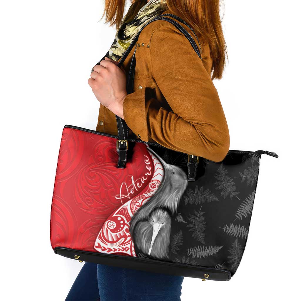 New Zealand Aotearoa Leather Tote Bag Kiwi Fern Maori Pattern Red Version